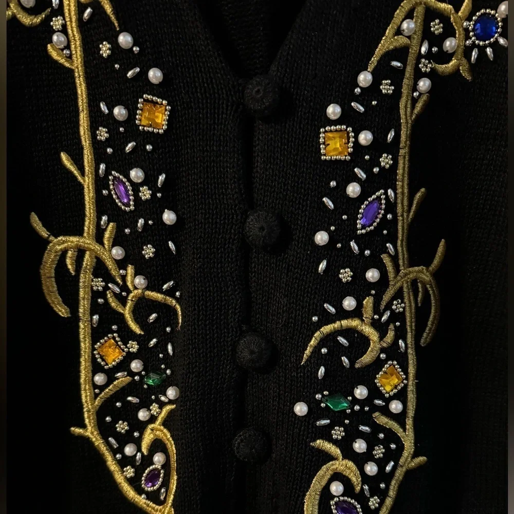 80’s Victoria Jones Embroidered Beaded Embellished Black Gold Cardigan Fran Fine - Picture 10 of 14